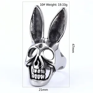 Punk gothic long ear bunny skull ring in retro silver finish with size parameters