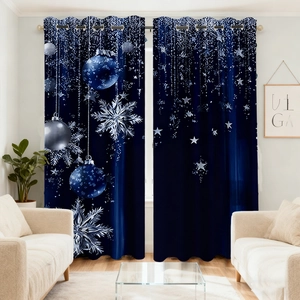 Navy blue Christmas blackout curtains with silver snowflake print and metal grommet rings