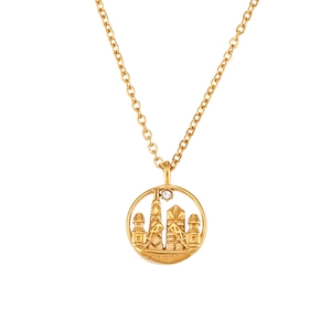 Gold stainless steel necklace with round architectural city pendant and crystal accent
