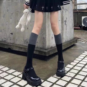 Gothic style chunky Mary Jane shoes with black and grey color-blocked knee-high socks