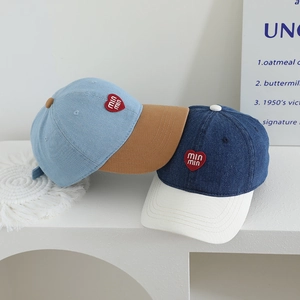 Patchwork denim baseball cap for kids featuring heart shaped min embroidery design