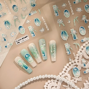 Embossed floral nail stickers with blue Epiphyllum patterns for elegant Chinese style manicure
