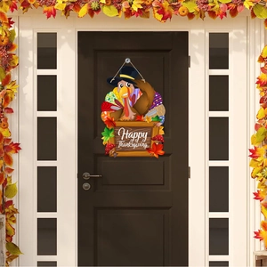 Close-up of wooden turkey door hanger with Happy Thanksgiving sign on a festive porch