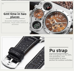 Detailed close-up of Oulm dual timezone watch with compass and black PU leather strap