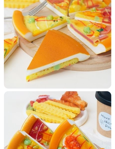 Macro shot of realistic PU pizza slices and fries model with soft warm lighting