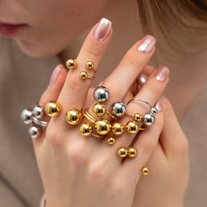 Ball Open Ring 18K Gold Plated Stainless Steel Geometric Spherical Minimalist Polished Jewelry For Women