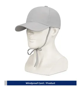 Detail of adjustable windproof strap on lightweight quick-dry baseball cap in grey
