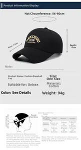 Size chart showing baseball cap dimensions including 56-60cm circumference and cotton material