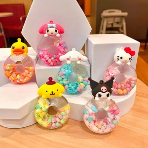 Set of 6 cartoon character donut pendants in clear acrylic with liquid glitter filling