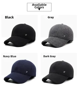 Detailed close-up of wool blend baseball caps in black, grey, navy, and dark grey colors