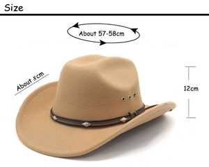 Detailed size specifications for khaki felt cowboy hat with leather band and metal studs