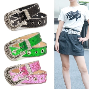 Sparkly rhinestone belts for women in black green and pink with studded metal buckles