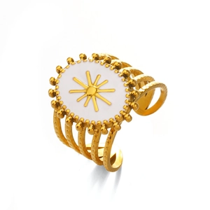 Vintage gold stainless steel ring with sun pattern white resin and wave layers
