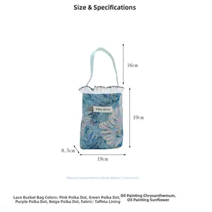 Size chart for polka dot mini handbag showing dimensions 19x19x8.5cm and color options