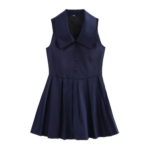 Abito Mini Senza Maniche Poliestere Colletto Alla Marinara Pizzo Bottoni Dorati Gonna A Pieghe Stile Preppy Blu Scuro