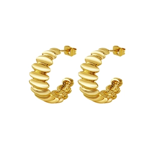 Chic gold-plated titanium steel C-shape wave earrings with croissant texture style
