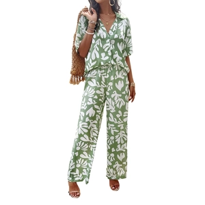 Elegant green short sleeve two-piece set with white leaf print and wide leg pants