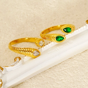 Adjustable gold plated rings with pear cut white and emerald green zircon stones