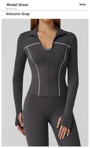 Detail of Volcano Grey slim yoga jacket with contrast stitching and thumbhole cuffs
