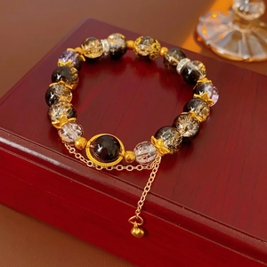 Vintage beaded glass bracelet with moon charm and golden heart pendant chain