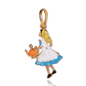 Detail of gold enamel charm featuring Alice character with blue dress for DIY bracelets