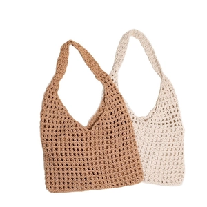 Minimalist hollow cotton woven tote bag for summer beach vacation in camel and beige colors
