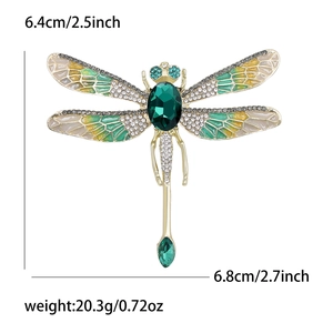 Sparkling green dragonfly brooch with crystal wings and gold finish, size 6.4x6.8cm