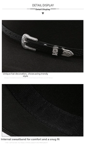 Detail of wool western hat with engraved silver buckle on leather strap and inner sweatband