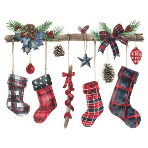 Christmas stocking wall stickers with red plaid socks and pinecones on a branch