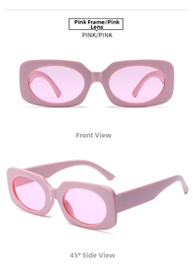 Front and 45-degree side view of vintage pink rectangle sunglasses in glossy resin