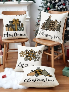 Close-up of four Christmas pillow covers featuring flax texture and festive prints