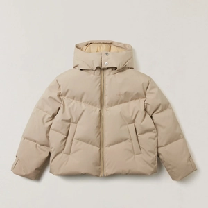 Beige hooded down jacket with waterproof fabric and metal zipper closure for winter