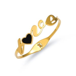Gold stainless steel love bracelet with black heart charm and spring hinge opening