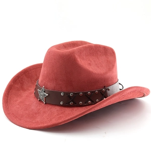 Detail of red suede cowboy hat featuring a brown leather band and silver star emblem