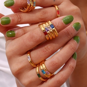 18K gold plated stainless steel rings featuring colorful rectangular zircon stones