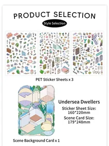 Detailed set of PET ocean themed stickers with scenery card for creative scrapbooking