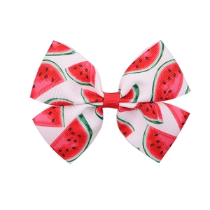 Close-up of grosgrain ribbon hair bow with vibrant red and green watermelon print