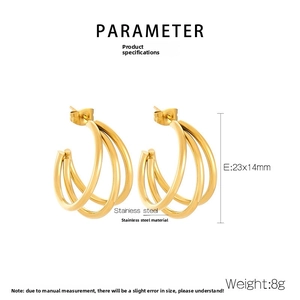 Detailed size chart of gold layered C-shape stainless steel earrings, 23x14mm dimensions