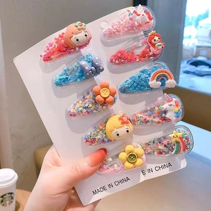 Set of 10 cute cartoon hair clips for girls featuring colorful sequins and resin charms