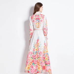 Back view of floral long sleeve maxi dress with high waist and vintage court style print