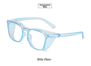 Side view of anti-pollen protective goggles with wide side shields in transparent blue