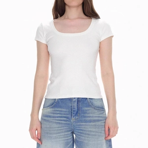 Close-up of white U-neck slim fit short sleeve T-shirt with light blue denim jeans