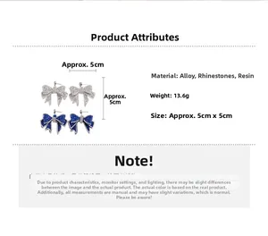 Detailed view of rhinestone bow earrings showing 5cm dimensions and silver blue colors