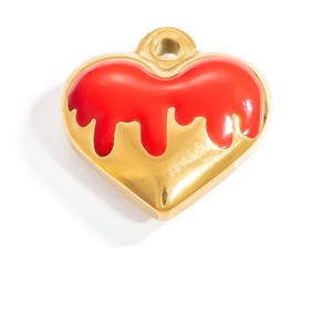 18K gold plated stainless steel heart pendant with red oil drip effect on white background
