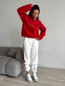 Women's casual red pullover sweatshirt with Russian embroidery and white joggers set
