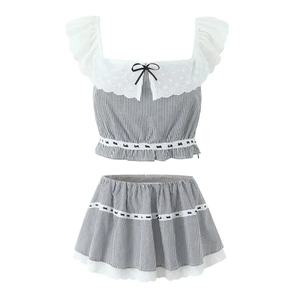 Damen Schulterfreies Gestreiftes Spitzenrüschen Crop Top Und Minirock Süße Schleife Casual Streetwear Polyester Top Und Bottom