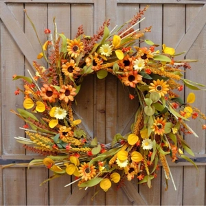 Couronne Automne Artificielle Tournesols Feuilles Érable Pour Porte Entrée Décoration Moisson Thanksgiving Plastique Rotin