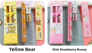 Detailed view of 5-in-1 stationery set with bear and bunny themes in gift boxes