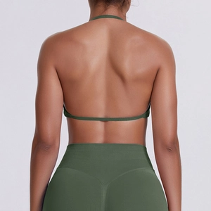 Deep olive green seamless high-waist sports leggings and halter top showing back details