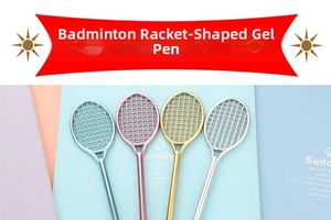 Detailed view of badminton racket shaped gel pens in metallic blue, pink, gold and silver